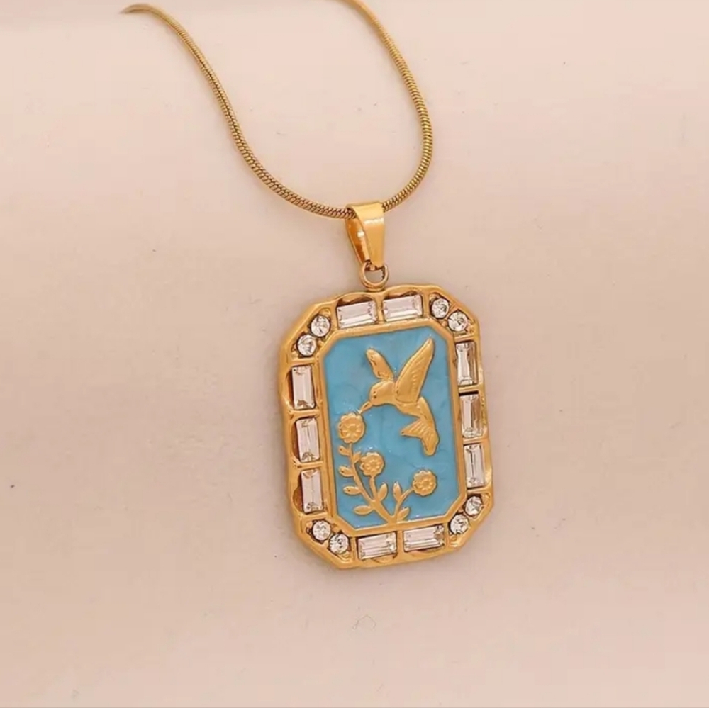 Elegant Gold and Blue Hummingbird Pendant Necklace Stainless Steel